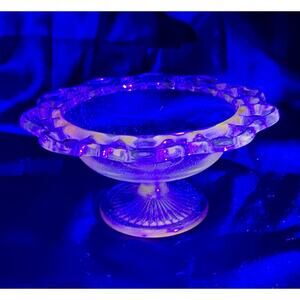 GLOWS! VNTG Anchor Hocking Pink Depression Glass Compote/Candy Dish “Lace Edge”